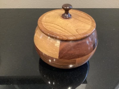 Hand Turned Wooden Lidded Trinket Box, Round Decorative Storage - Image 1 of 4