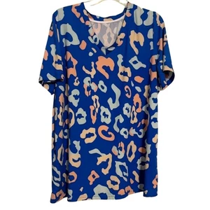 Blue Animal Print Tunic Top V-Neck Short Sleeve Casual Comfy Loungewear 2x - Picture 1 of 6