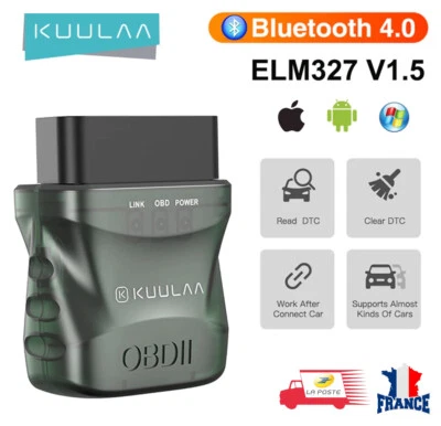 INTERFACE DE DIAGNOSTIC OBD2 ELM327 V1.5 BLUETOOTH POUR WINDOWS ANDROID KUULAA
