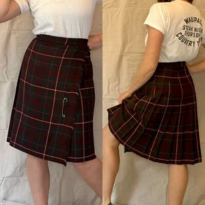 Vintage 60s Brown Green Tartan Plaid Wrap Pleated Skirts by Morris Watkin size M - Picture 1 of 14