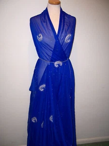 FANTASTIC DESIGNER FABRIC ROYAL BLUE CHIFFON W/ METALLIC SILVER EMBROIDERY 6yds - Bild 1 von 10