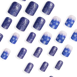 Short Square Press-On Fake Nail Glitter Blue Christmas Snowflakes Manicure 24pcs - Foto 1 di 7