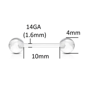 Tiny Clear Metal Free Tongue Bar * 14GA 10mm Bar Nipple Ring Bio Flex 4mm Balls - Picture 1 of 2