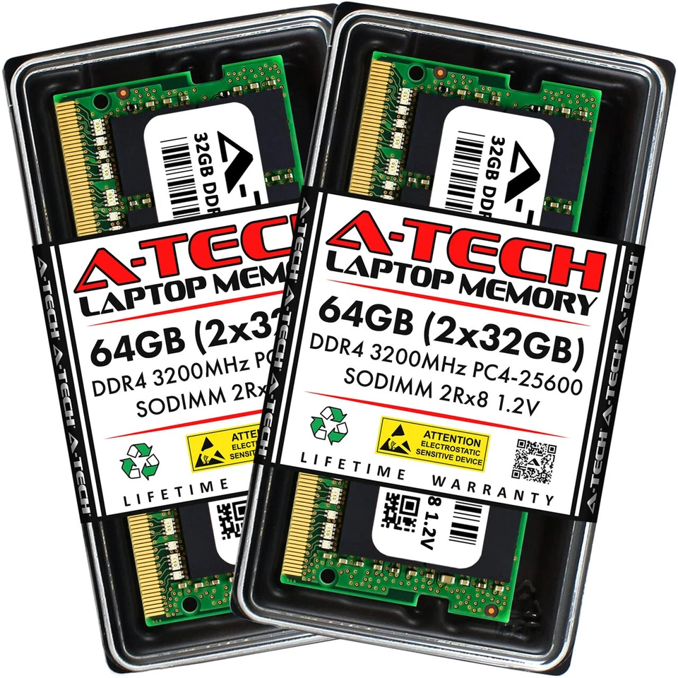 A-Tech 64GB (2x32GB) DDR4 3200 MHz SODIMM PC4-25600 (PC4-3200AA) CL22 2Rx8 Non-E - Image 1 of 4