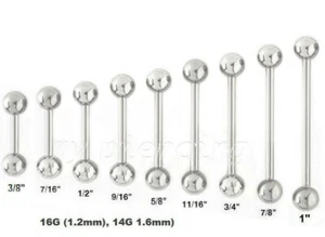 PAAR 14G 16G Chirurgenstahl Langhantel Zunge Ring & Brustwarzenring mit 5 mm Kugelnden - Bild 1 von 8