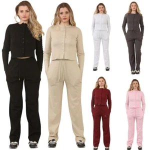 Damen Frauen geripptes Molly durchgeknöpftes Oberteil und Hose mit weitem Bein Co-ord Set - Bild 1 von 33