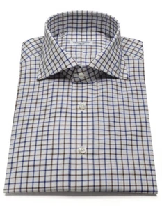 Camicia Cesare Attolini blu/marrone a quadri con colletto a squalo - Foto 1 di 14