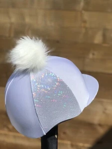 Horse Riding hat silk fur Pom White glitter sides, sparkly peak Skull Cap Cov - Picture 1 of 18