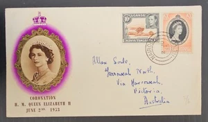 1953 Uganda Kenya Tanganyika Coronation FDC 2 stamps cd Nairobi - Picture 1 of 2