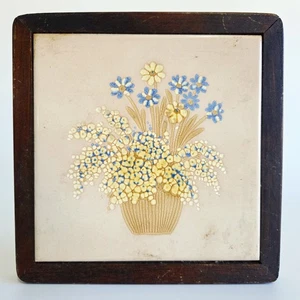 Italian Ceramic Tile Trivet Floral Flower Basket Wood Frame Vintage 1980s Italy - Picture 1 of 9