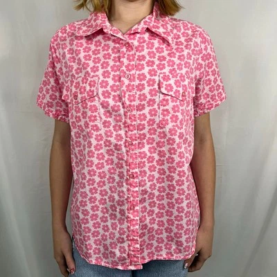 Camisa con botones vintage Mainstreet azul rosa floral manga corta 100 % algodón Foto 1 de 4