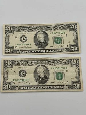 1993 (L) $20 Twenty Dollar Bill Federal Reserve Note San Francisco X2 Vintage - Image 1 of 4