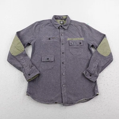 Volcom Jacket Mens Small Gray Delroy Flannel Shacket Elbow Patches Field Snap Up - Image 1 of 4