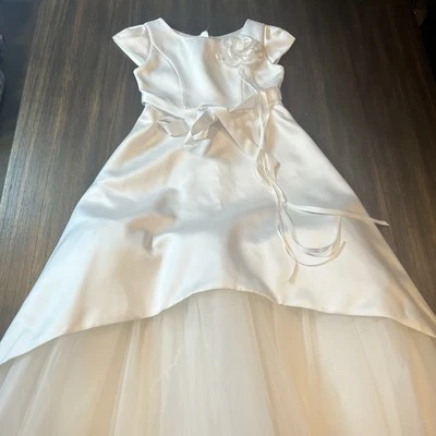 Biscotti Girls Size 7 Elegant Satin White Dress Tie Back First Communion Formal - Image 1 of 4