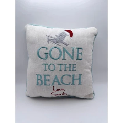 Gone to the Beach Embroidered White Decorative Pillow Light Blue Trim - Image 1 of 2