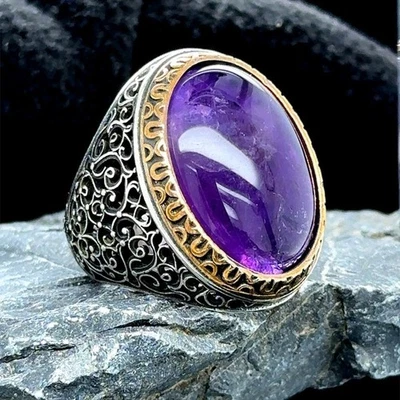 Anillo turco de plata de ley 925 con piedras preciosas de amatista púrpura natural para hombre Foto 1 de 4