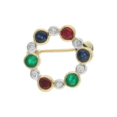 Kleine Goldbrosche 750 mit Diamant, Rubin, Saphir und Smaragd, wie neu 25324617  - Bild 1 von 3