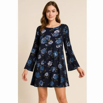 Mini Vestido Badgley Mischka Azul Marino Floral Talla L Mangas Campana Romántico Boho Foto 1 de 4