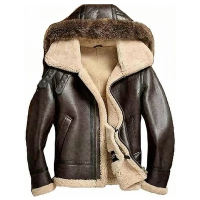 Men's Aviator Sheepskin Shearling Leather Jacket with Fur Hood Pilot Flying Coat - Image 1 of 3