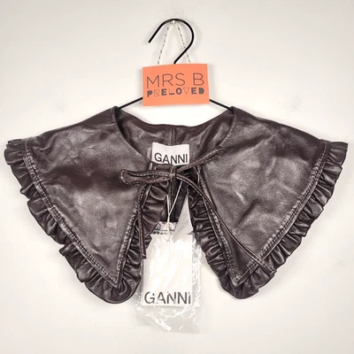 Ganni Leather Collar Scarf Dark Brown Bow Ruffle One Size Brand New with Tags - Image 1 of 4