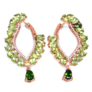 Gemstone Green Chrome Diopside, Peridot, Sapphire & Zircon Earrings 925 Silver - Picture 1 of 4