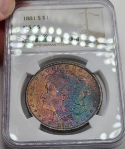 1881 S Morgan Dollar NGC MS66 Rainbow Toned Textile Bag Toning Fantastic Luster - Picture 1 of 8