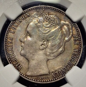 1908 Netherlands 1 Gulden Silver Coin - Wilhelmina - NGC AU Details - Picture 1 of 4