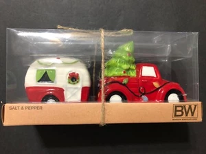Farmhouse Christmas Red Retro Pickup Truck and RV Camper Salt Pepper Shaker Set - Picture 1 of 6