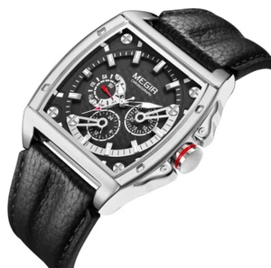 Men's Quartz Wristwatch With Chronograph, With Military-Style Leather Strap - Picture 1 of 12