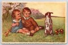 Carte postale des années 1910 Children With The Dog And Chicks At The Park
