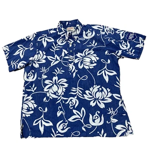 Alfred Shaheen Reyn Spooner Henley Shirt Men L Blue Floral Hawaiian MJS Logo - Picture 1 of 24