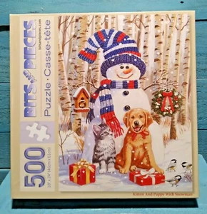 Bits and Pieces Kitten and Puppy with Snowman 500 Pc. Jigsaw Puzzle FREE SHIP! - Picture 1 of 4