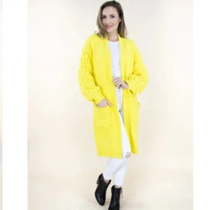 Chic Bright Yellow Long Cardigan for Women Cozy Knit Polyester Pocketed Sweater - Bild 1 von 5