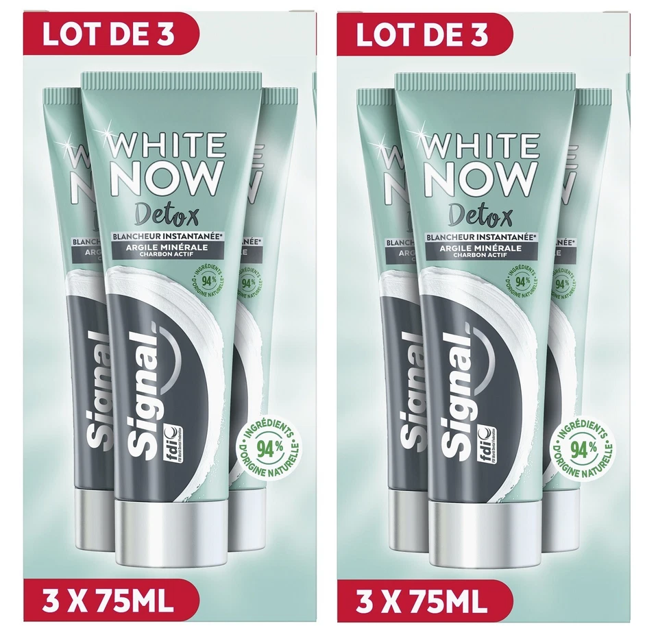 Lot 6 Dentifrices SIGNAL WHITE NOW Detox Blancheur Instantanée Argile + Charbon