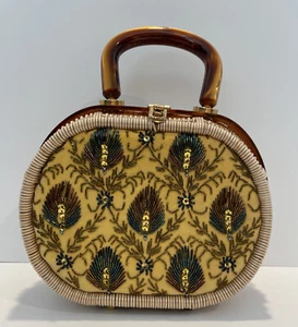 Stylecraft Miami Vintage Wicker Purse Lucite Accents & Beaded Peacock Feathers  - Picture 1 of 10
