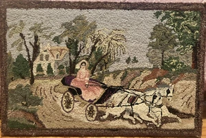 Antiker Haken Teppich Bild Wandbehang Viktorianische Dame Pferdekutsche 29" x 19,5" - Bild 1 von 9