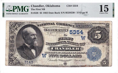 $5 1882 DB National CHANDLER Oklahoma OK 🇺🇸 Mega Rare 🇺🇸((Only 2 on Census)) - Image 1 of 2