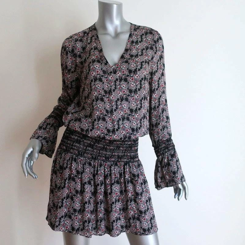 10 Crosby Derek Lam Dress Black/Red Smocked Printed Silk Size 6 Long Sleeve Mini - Image 1 of 4