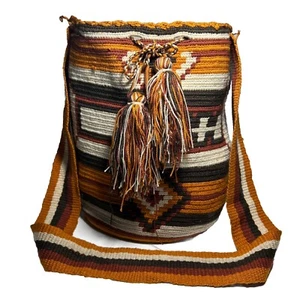 Wayuu Tribal Bucket Boho Bag Crossbody Orange Brown White Patterns Handwoven - Picture 1 of 11