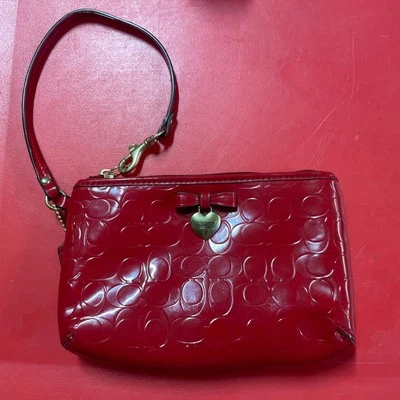 Coach Signature Puffy Logo Red Patent Leather Heart Wristlet Clutch Liquid - Image 1 of 4
