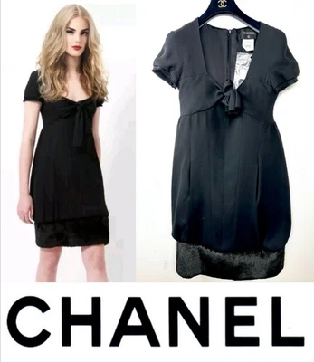 5K Chanel 2010 Black Barbie Cocktail Mini Dress 34 36 2 4 Bow Fur Trim Logo S - Image 1 of 4