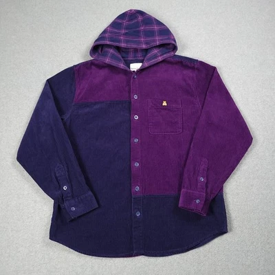 Teddy Fresh Shirt Men Large Purple Corduroy Colorblock Plaid Hood LA Streetwear - Image 1 of 4
