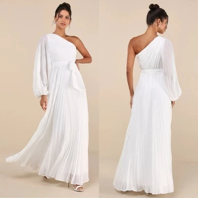 NWT Lulu’s Divine Charm White Pleated One-Shoulder Maxi Dress Extra Small Chic - Image 1 of 4