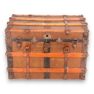 Flat Top Antique Steamer Trunk Brown Canvas Pirate Chest Coffee Table 1890's  - Image 1 of 4