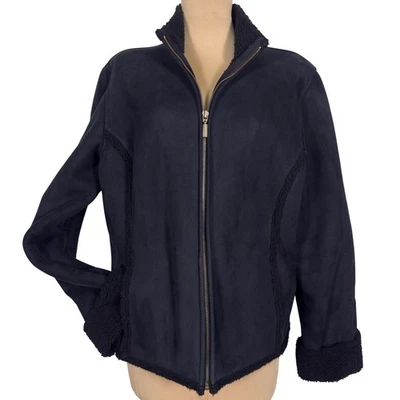 Chaqueta Charter Club Negra Imitación Gamuza Sherpa Forrada Cremallera XL Bordada Boho Acogedora Foto 1 de 4