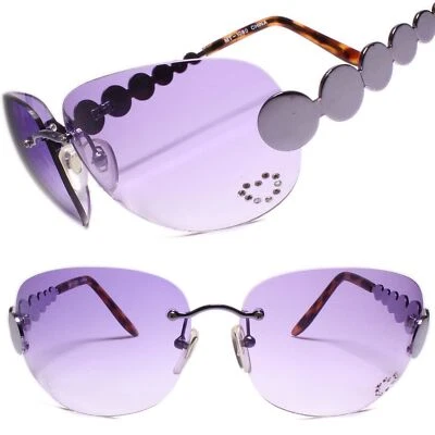 Classic Vintage Retro Style 80s Party Womens Purple Oval Rimless Sunglasses - Image 1 of 4