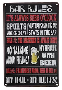 (BAR RULES - IT'S ALWAYS BEER O'CLOCK...) 8" x 12" Metal Tin Funny Bar Sign - Picture 1 of 4