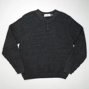 Vtg Bill Blass Sweater Mens Large Gray Henley Waffle Crew Neck USA Chunky Knit - Picture 1 of 10