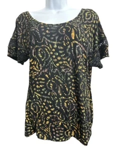 Santiki Medium Top Black Orange Green Floral Rayon Crochet Lace Short Sleeves - Picture 1 of 6