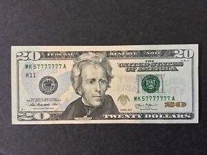 2003 US $20 DOLLARS FEDERAL RESERVE FANCY NEAR SOLID 7’ SERIAL NUMBERS. 